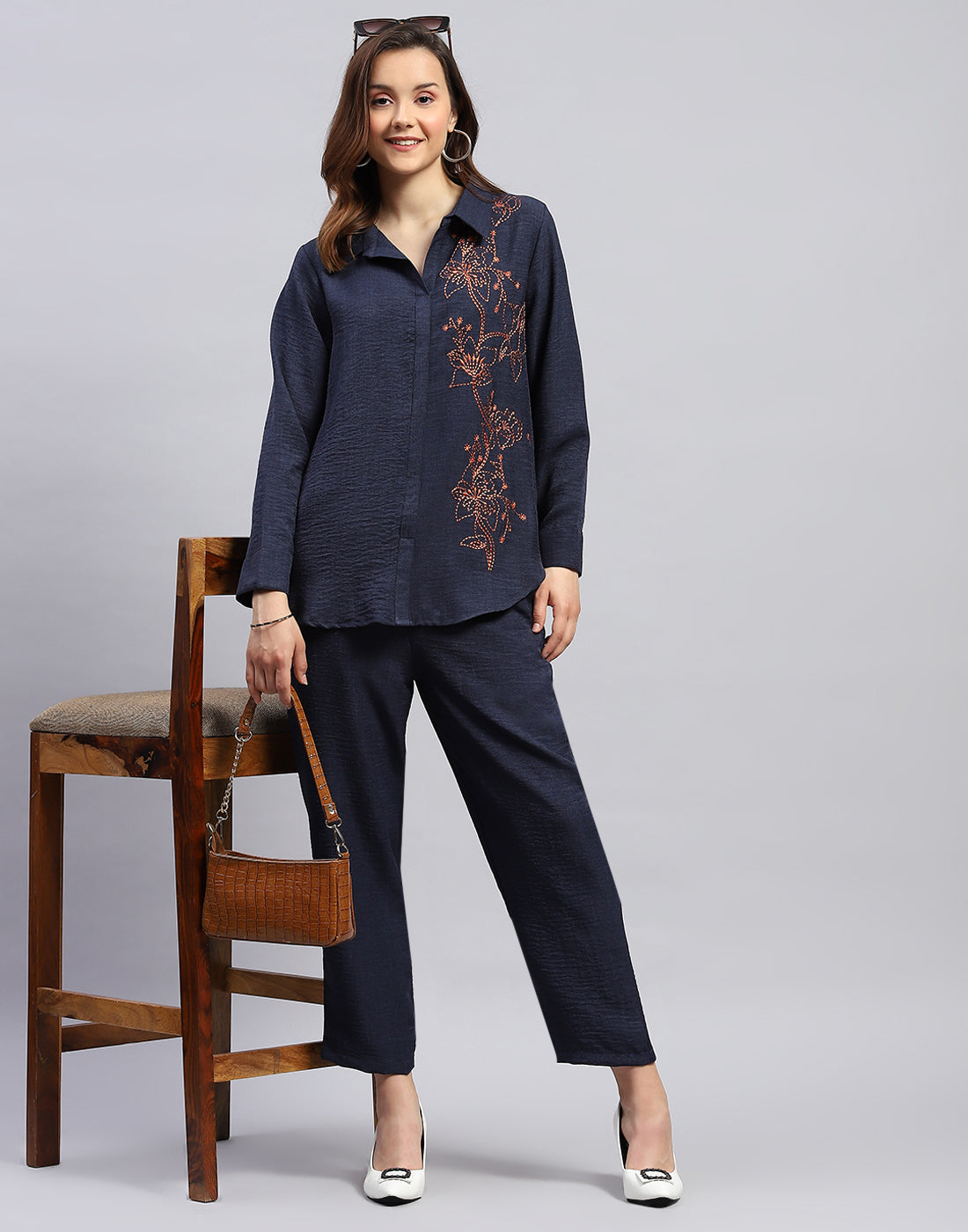 Women Navy Blue Floral Print Collar Neck Full Sleeve Cords Set