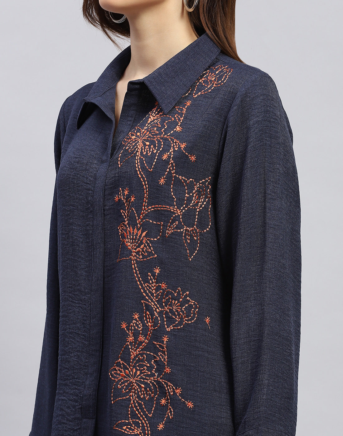 Women Navy Blue Floral Print Collar Neck Full Sleeve Cords Set