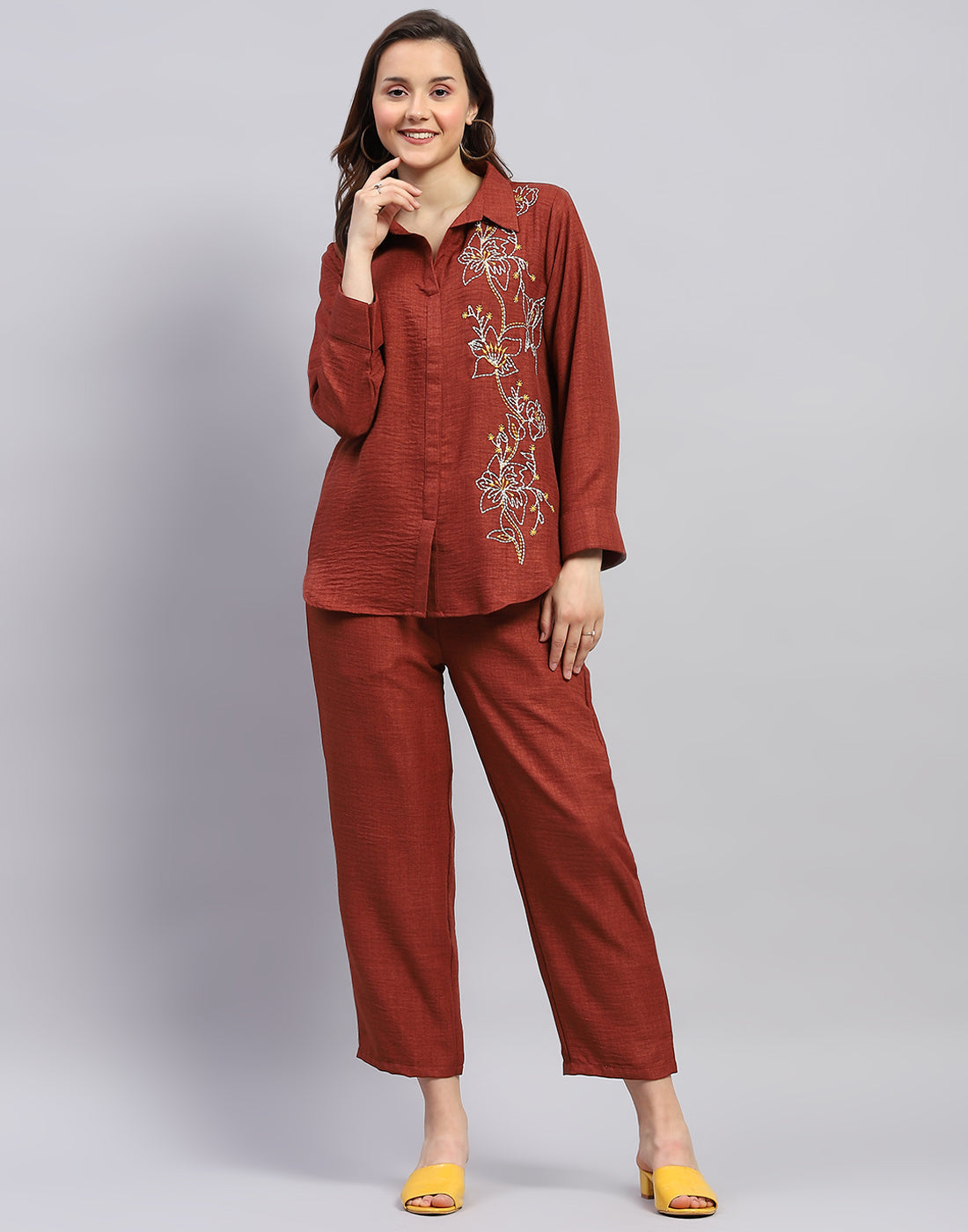 Women Brown Floral Print Collar Neck Full Sleeve Cords Set