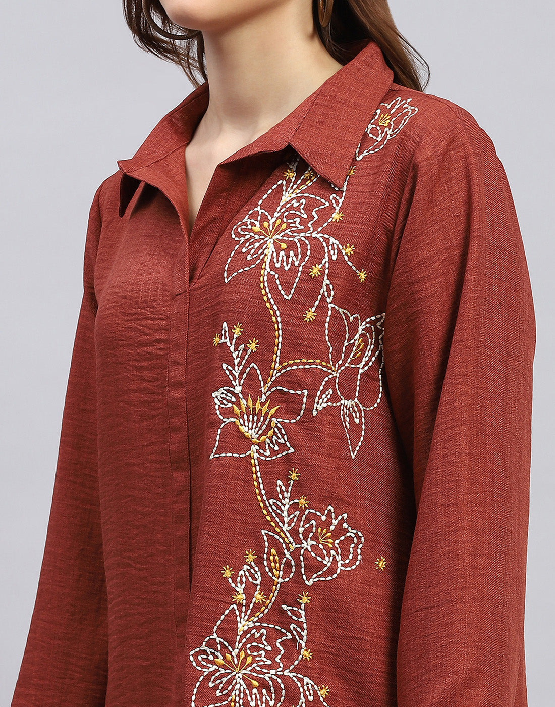 Women Brown Floral Print Collar Neck Full Sleeve Cords Set