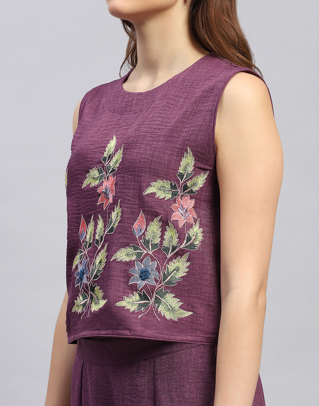 Women Purple Floral Print Collar Neck Sleeveless Cords Set