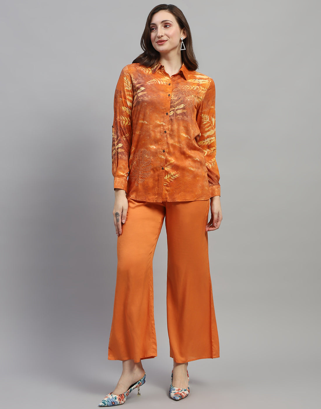 Women Rust Embroidered Collar Neck Full Sleeve Cords Set