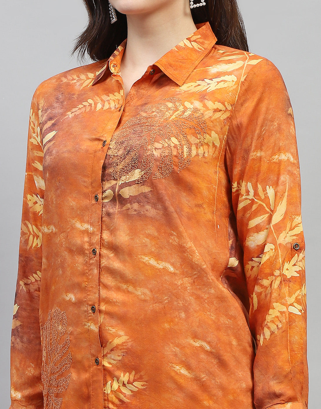 Women Rust Embroidered Collar Neck Full Sleeve Cords Set