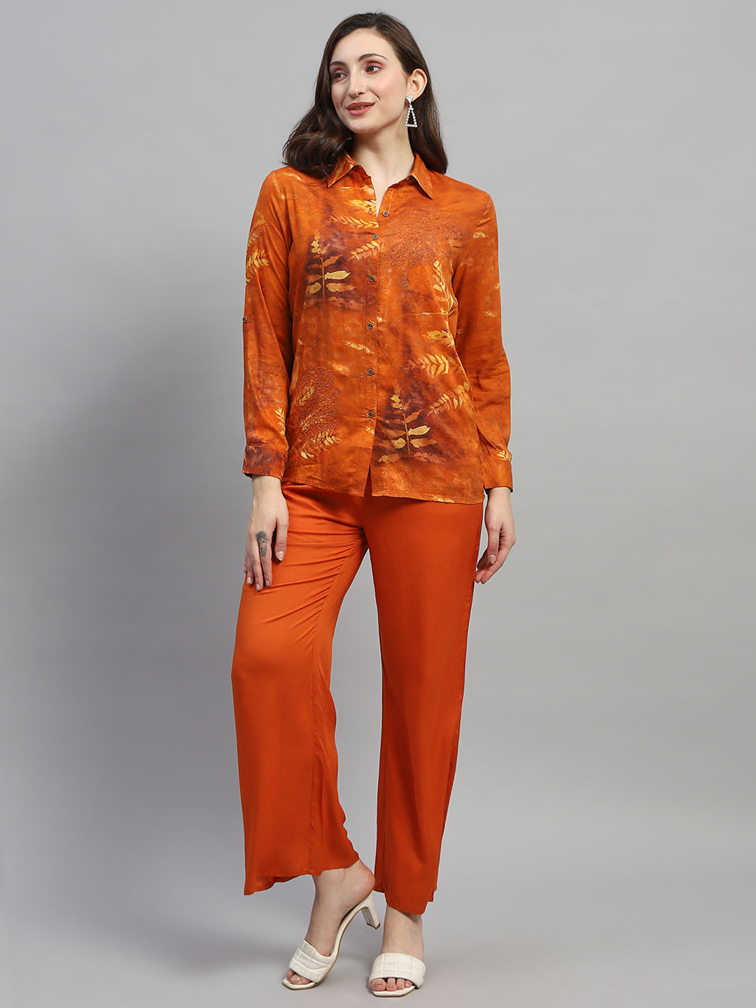 Women Dark Rust Embroidered Collar Full Sleeve Cords Set