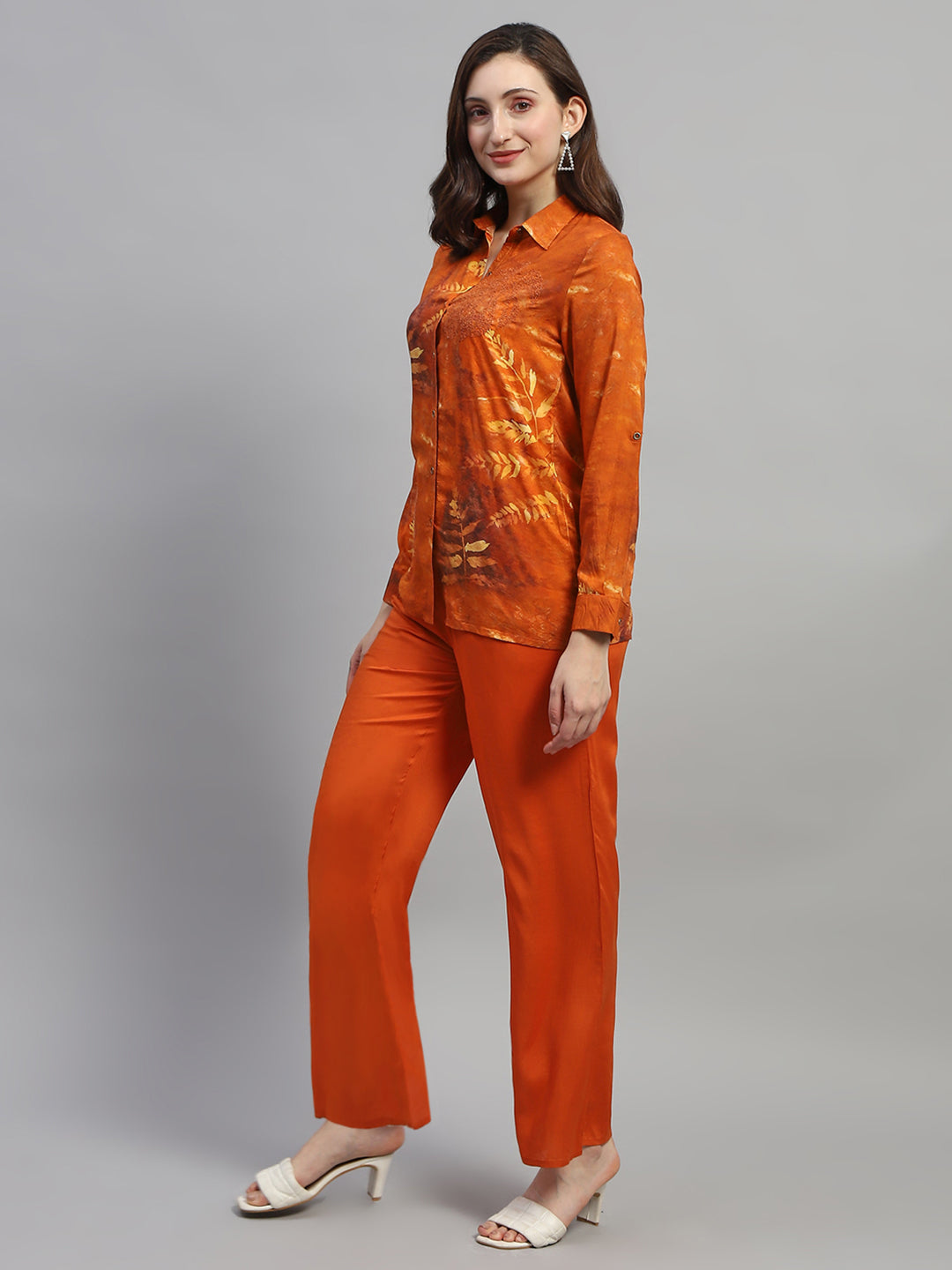 Women Dark Rust Embroidered Collar Full Sleeve Cords Set