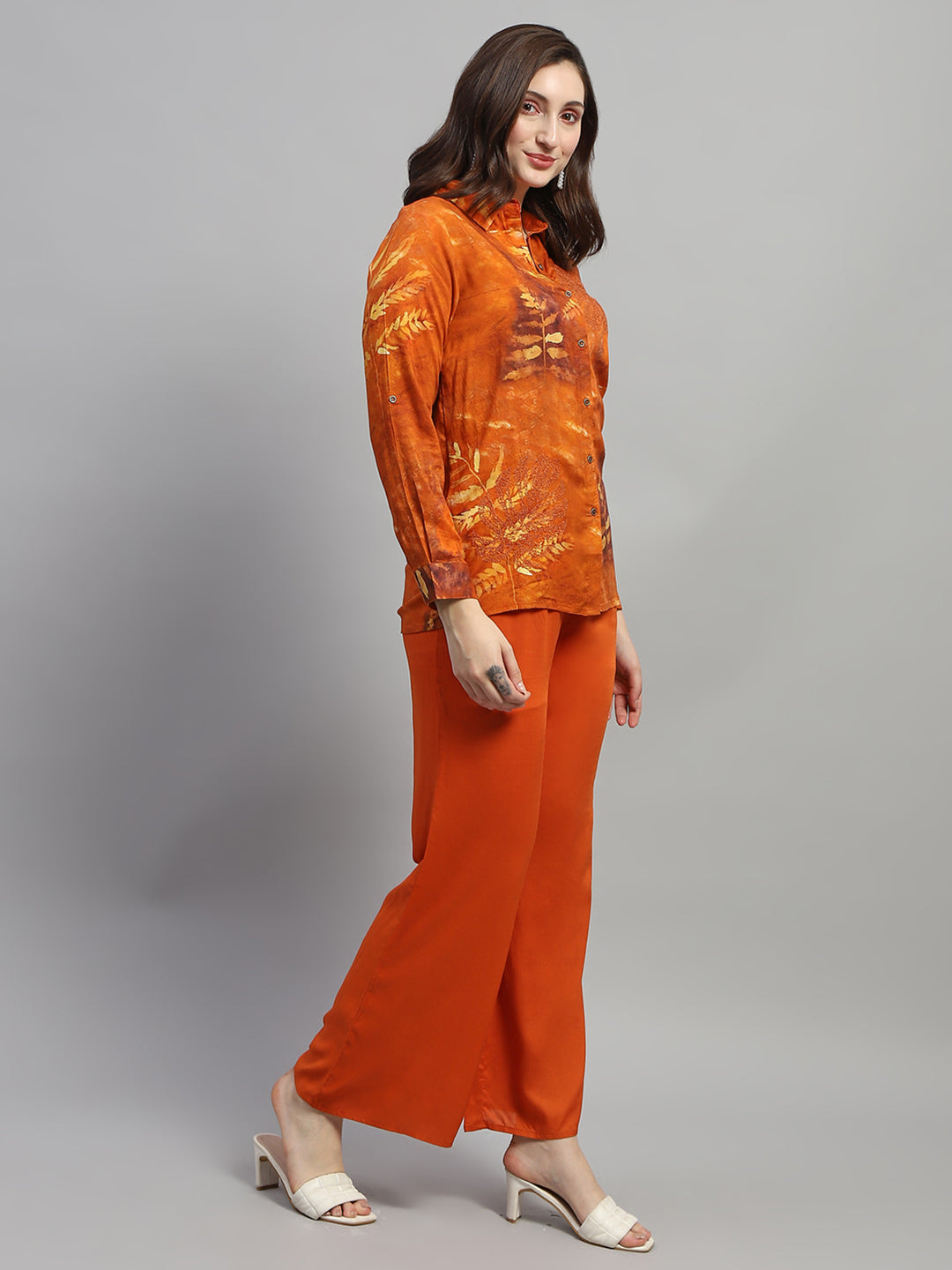 Women Dark Rust Embroidered Collar Full Sleeve Cords Set