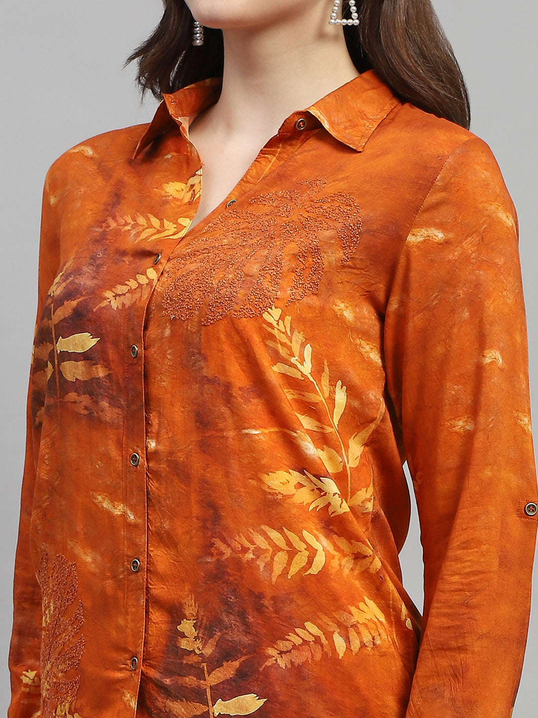 Women Dark Rust Embroidered Collar Full Sleeve Cords Set