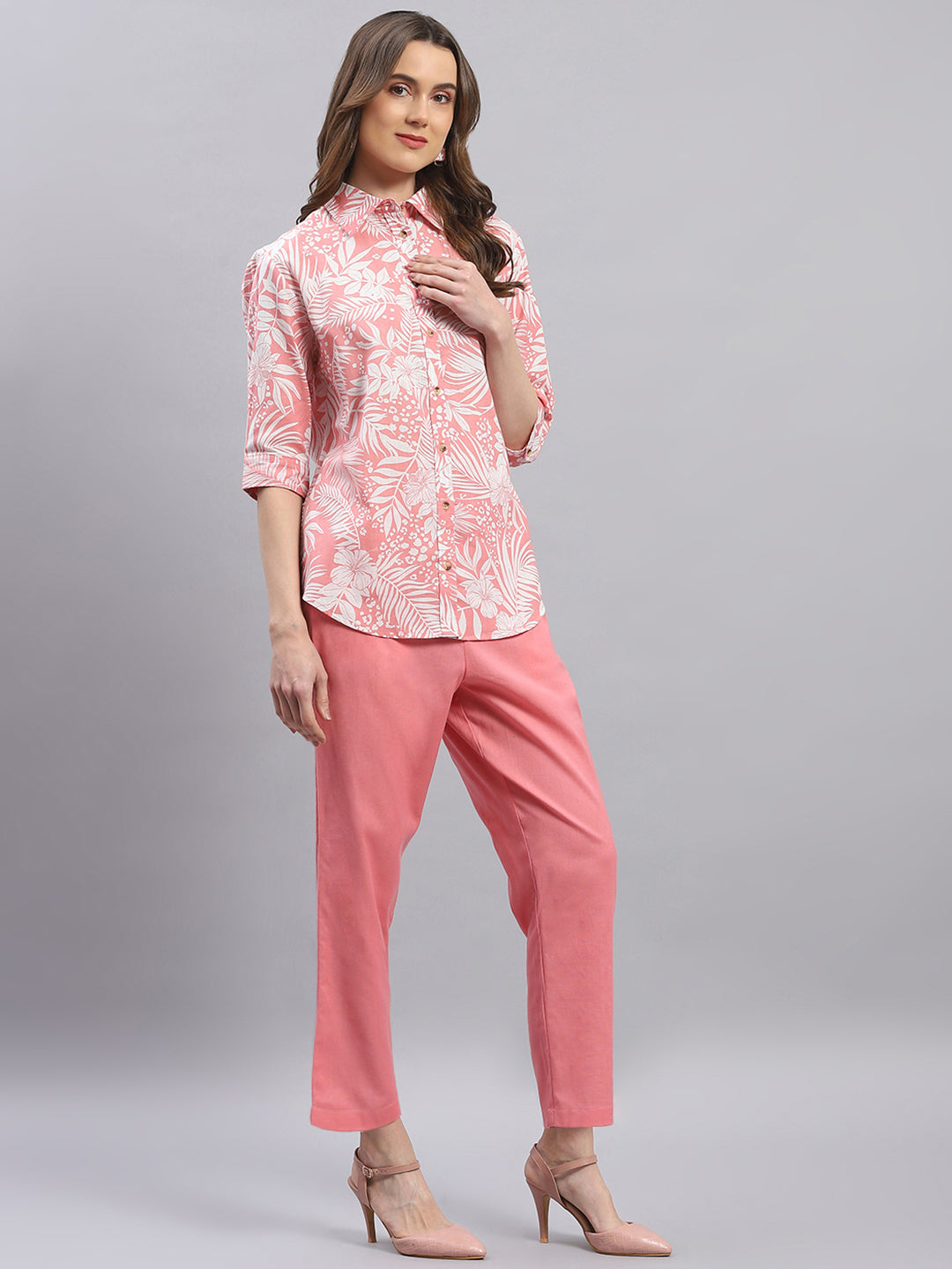 Women Pink Printed Collar 3/4 Sleeve Cords Set