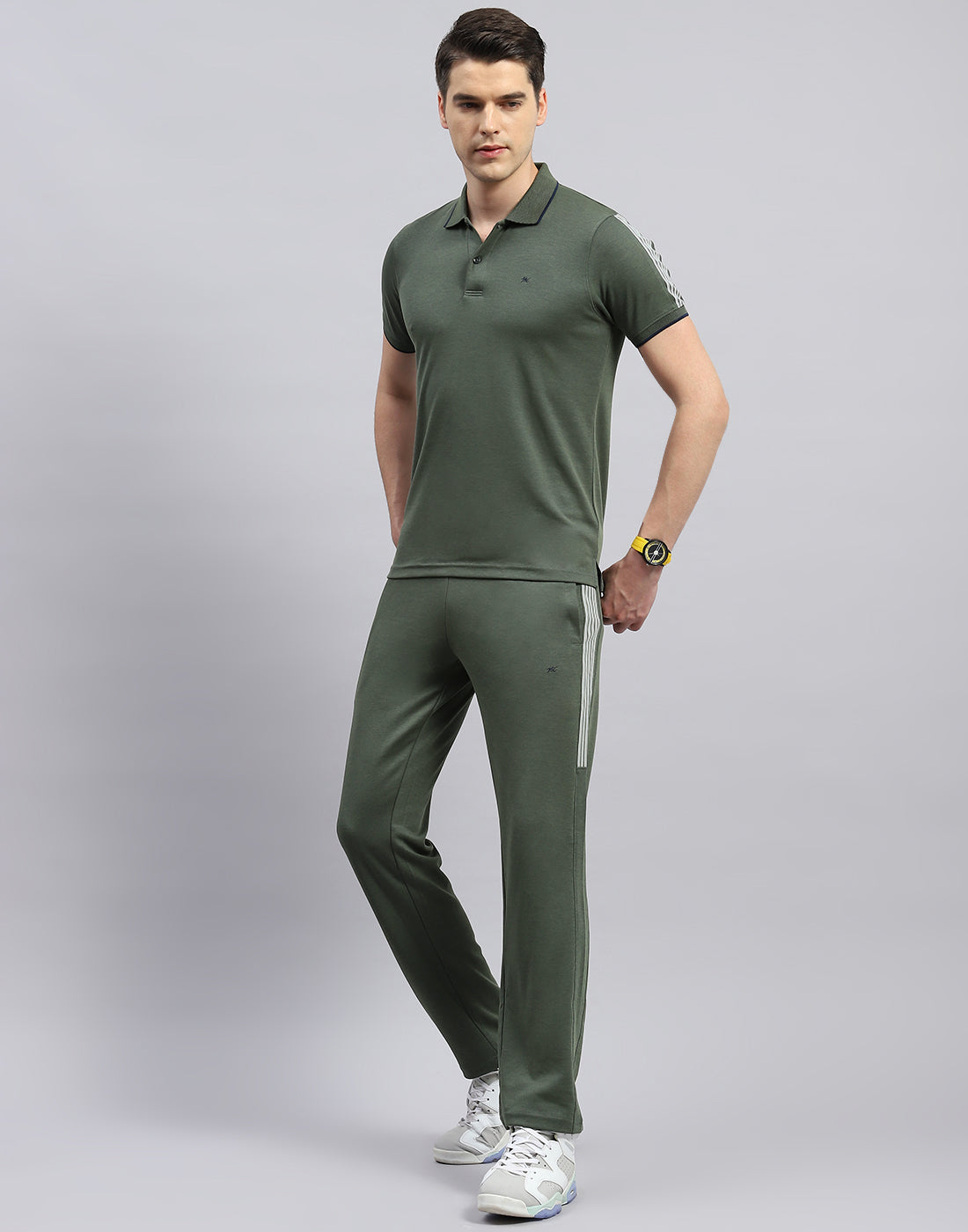 Men Olive Solid Polo Collar Half Sleeve Lower Set