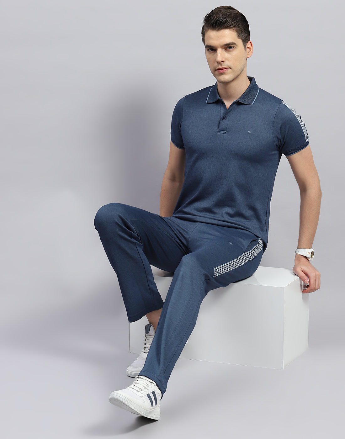 Men Blue Solid Polo Collar Half Sleeve Lower Set