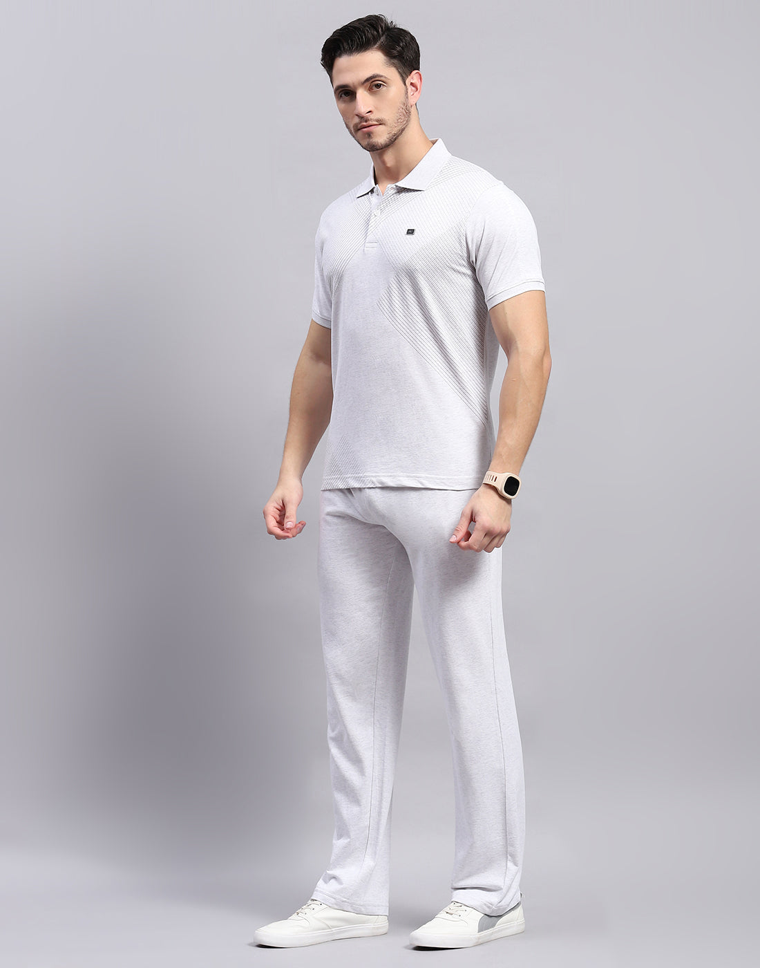 Men Grey Solid Polo Collar Half Sleeve Lower Set