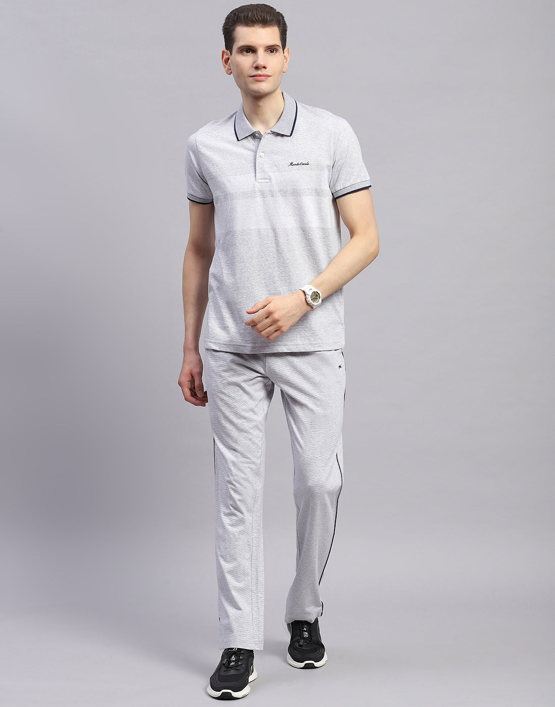 Men Grey Solid Polo Collar Half Sleeve Lower Set