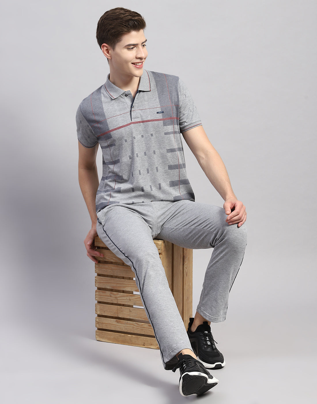 Men Grey Stripe Polo Collar Half Sleeve Lower Set