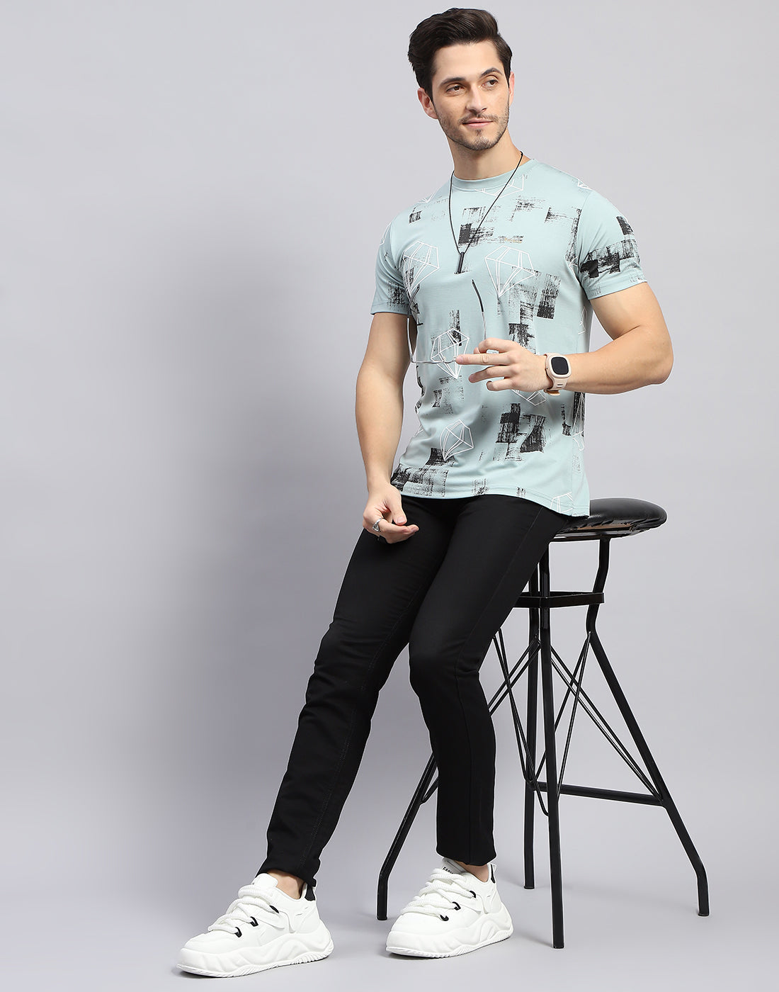 Men Sky Blue Printed Round Neck Half Sleeve T-Shirt