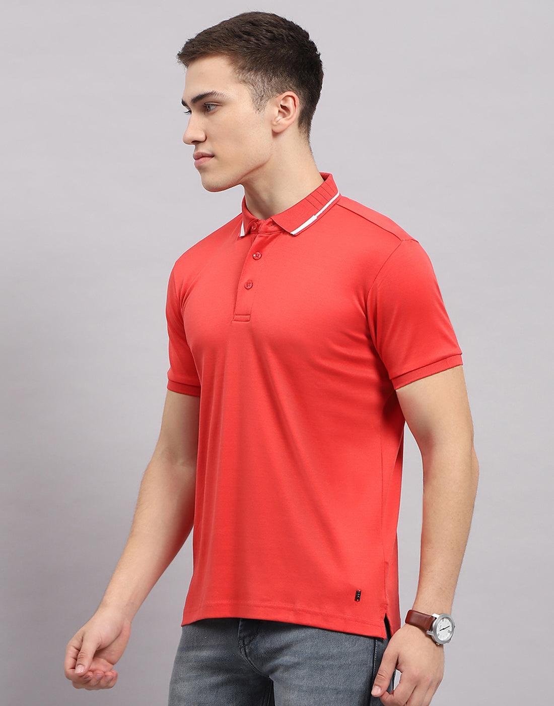 Men Coral Solid Polo Collar Half Sleeve T-Shirt