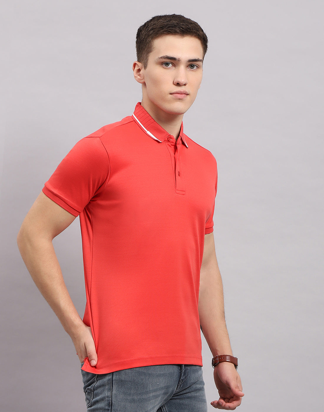 Men Coral Solid Polo Collar Half Sleeve T-Shirt