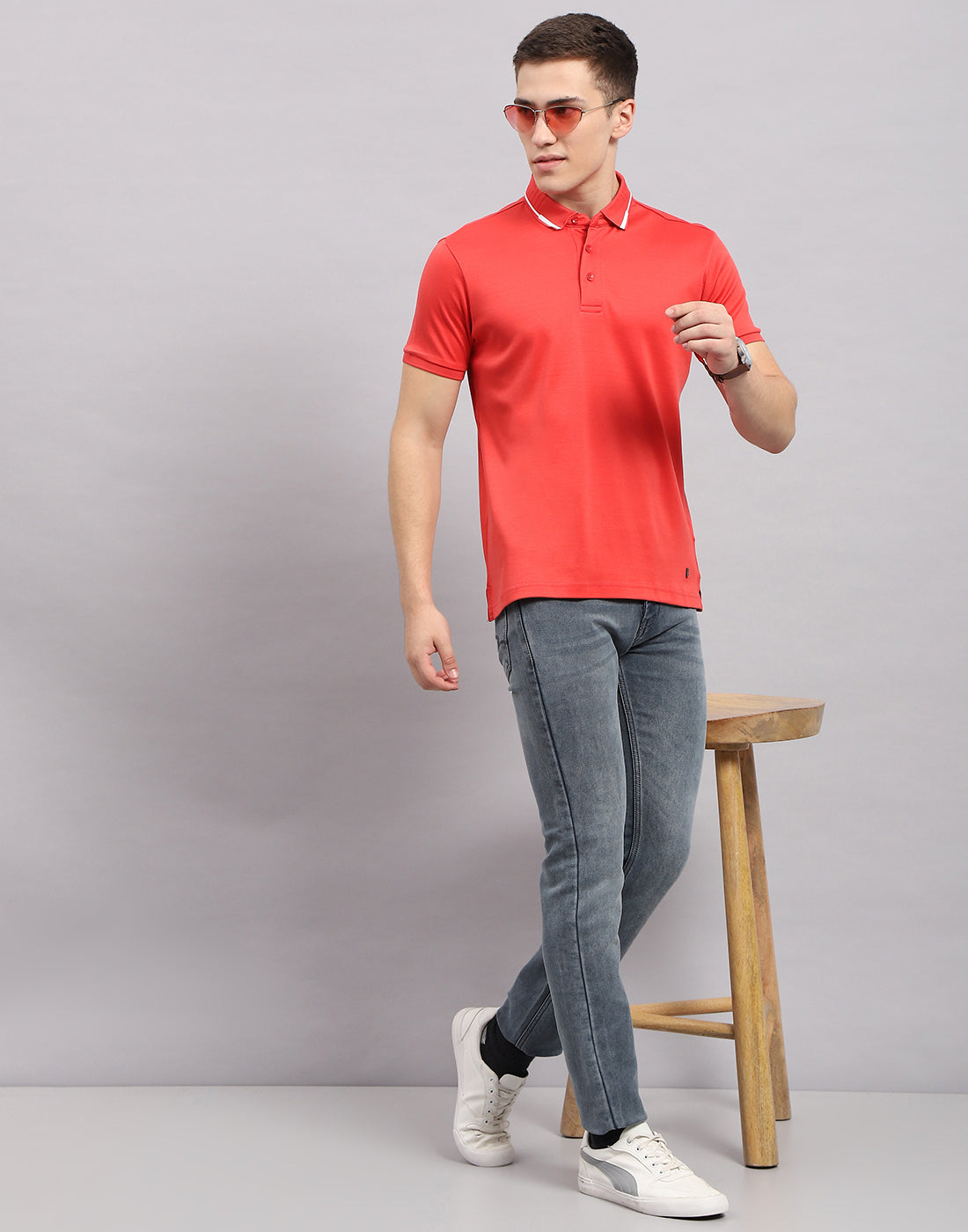 Men Coral Solid Polo Collar Half Sleeve T-Shirt