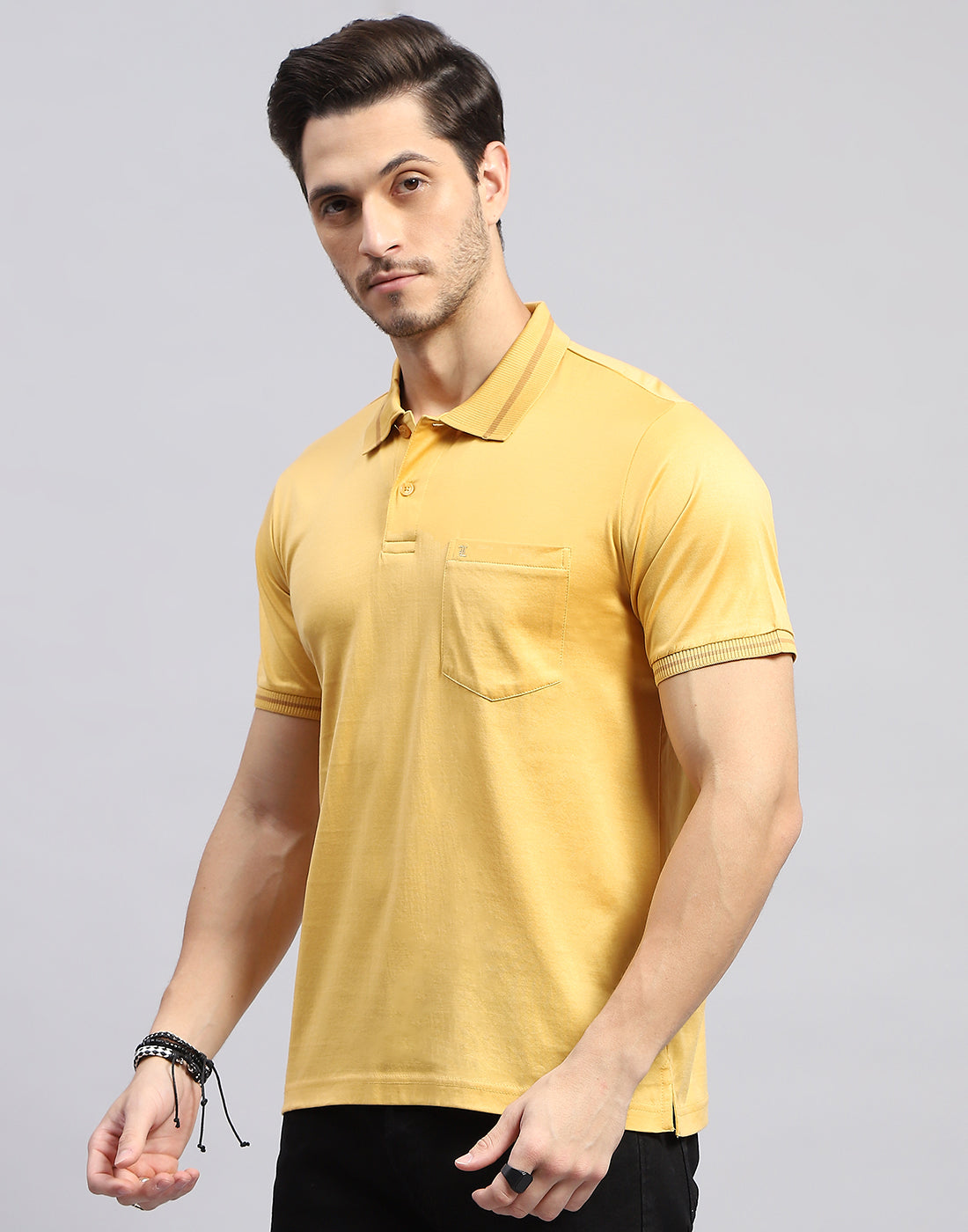 Men Mustard Solid Polo Collar Half Sleeve T-Shirt