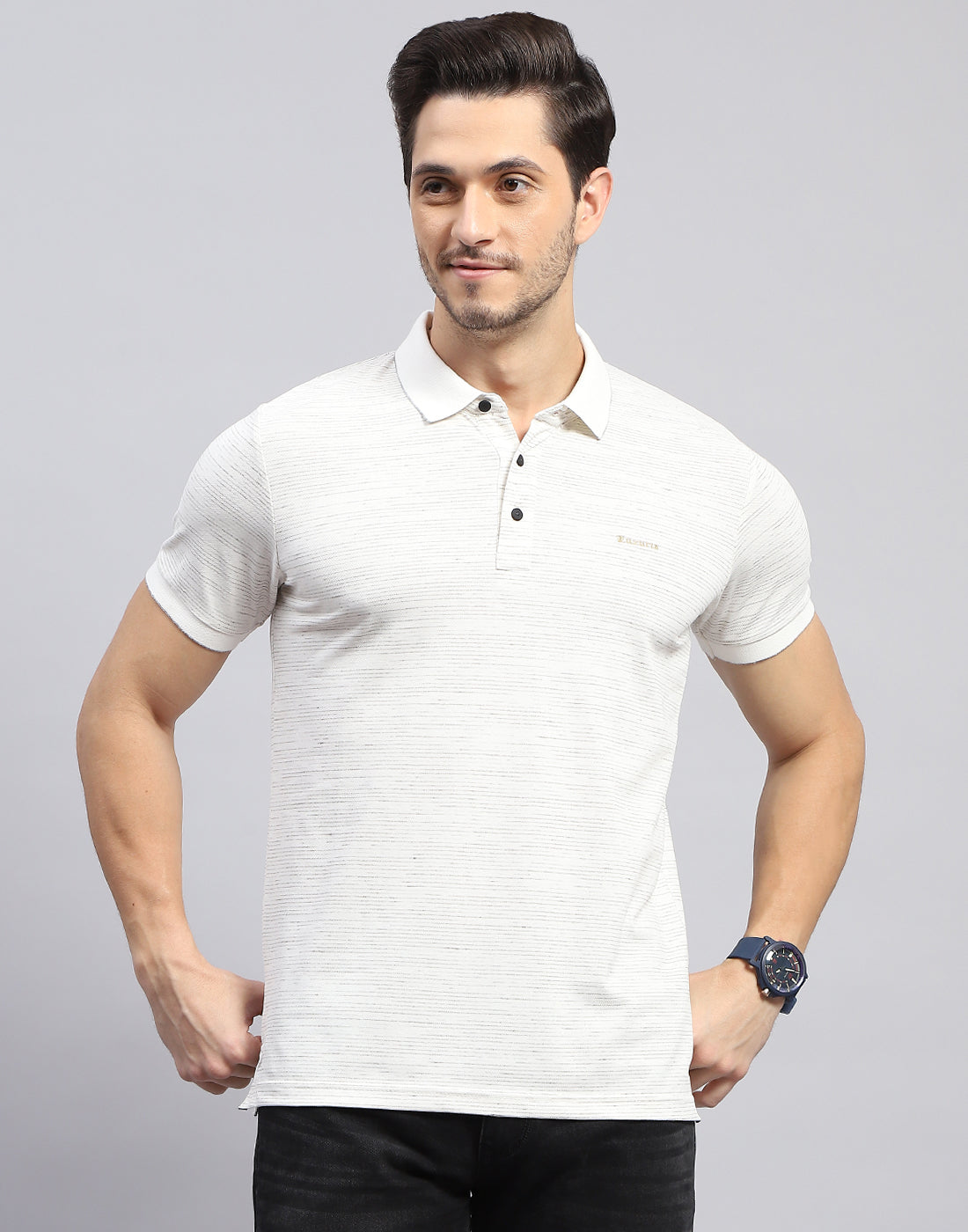 Men Off White Stripe Polo Collar Half Sleeve T-Shirt