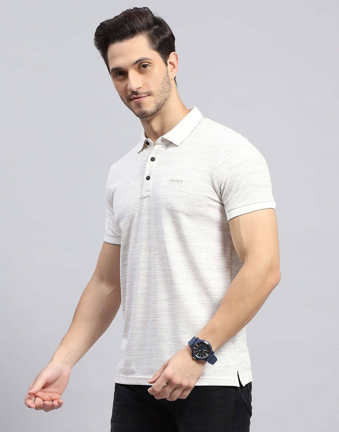 Men Off White Stripe Polo Collar Half Sleeve T-Shirt