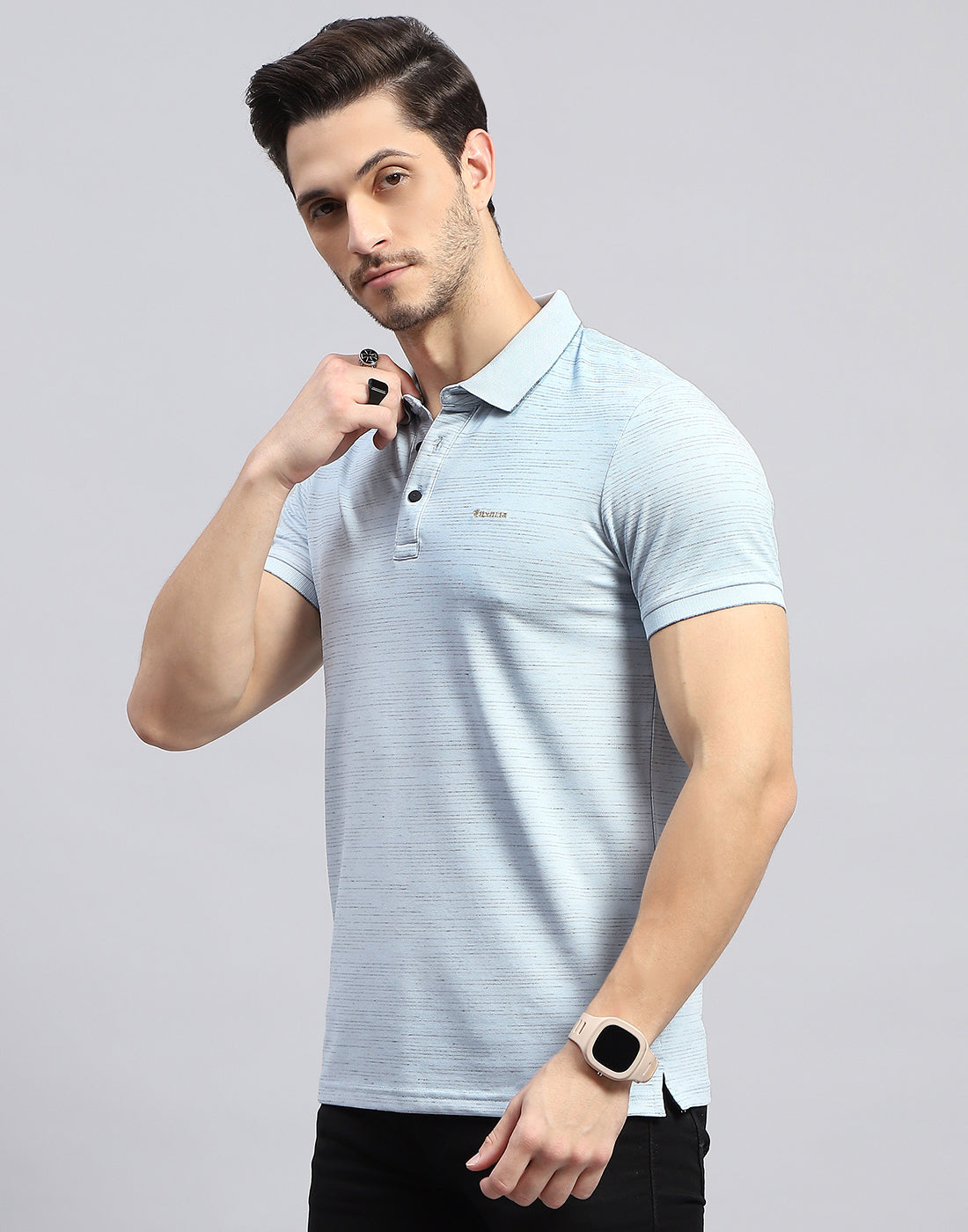 Men Sky Blue Stripe Polo Collar Half Sleeve T-Shirt