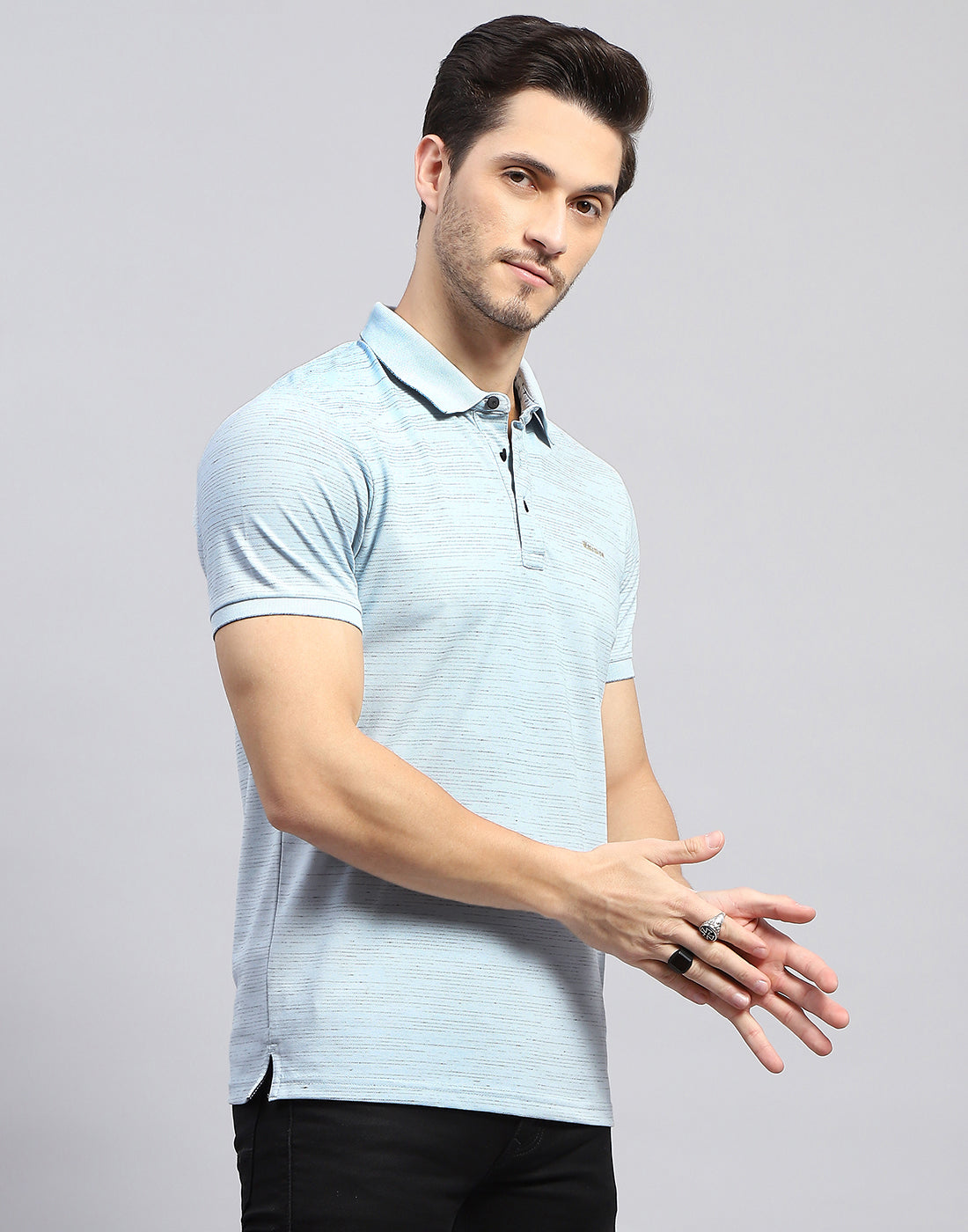 Men Sky Blue Stripe Polo Collar Half Sleeve T-Shirt