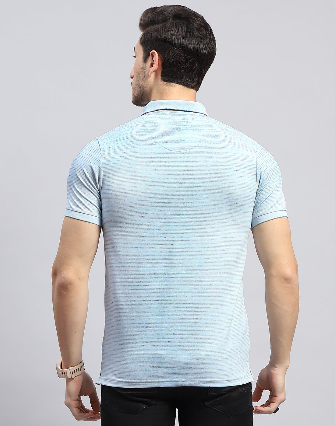 Men Sky Blue Stripe Polo Collar Half Sleeve T-Shirt