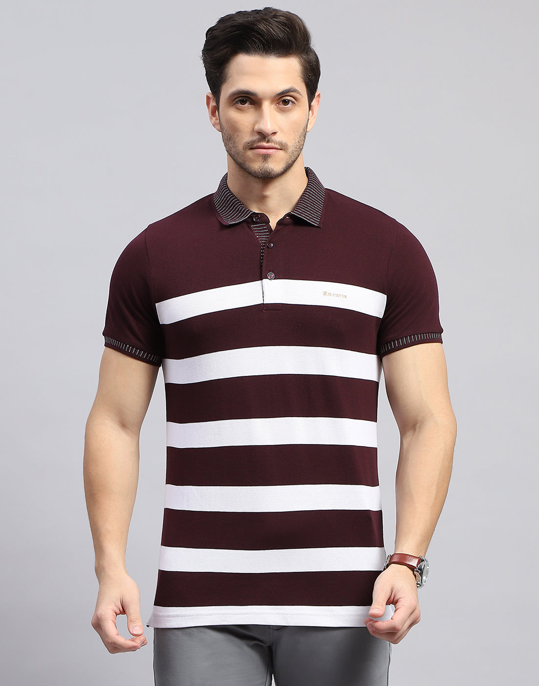 Men Maroon Stripe Polo Collar Half Sleeve T-Shirt