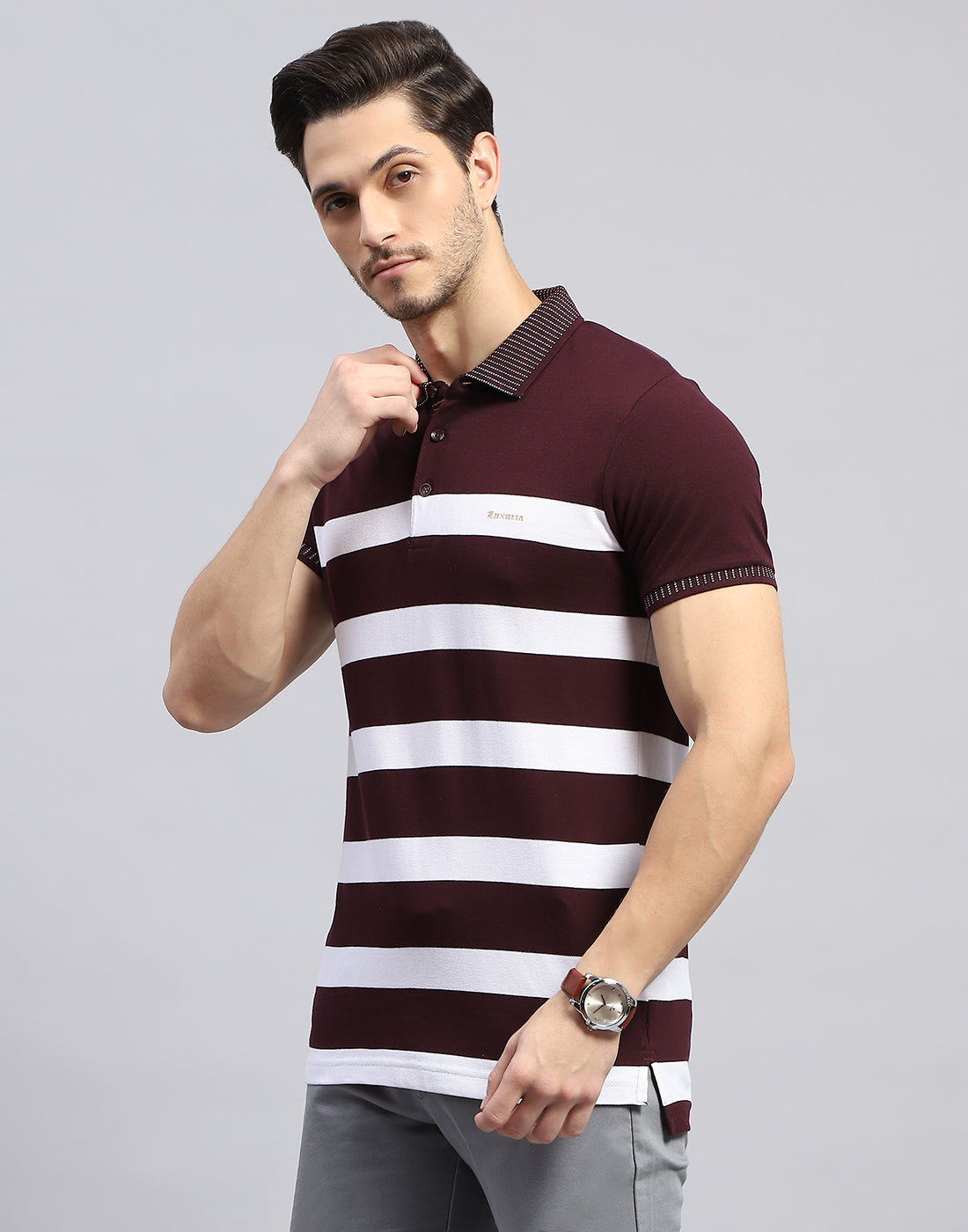 Men Maroon Stripe Polo Collar Half Sleeve T-Shirt