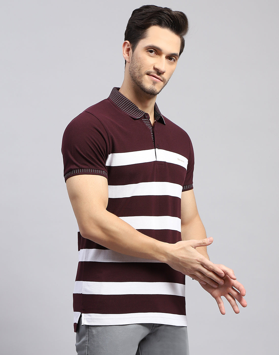 Men Maroon Stripe Polo Collar Half Sleeve T-Shirt