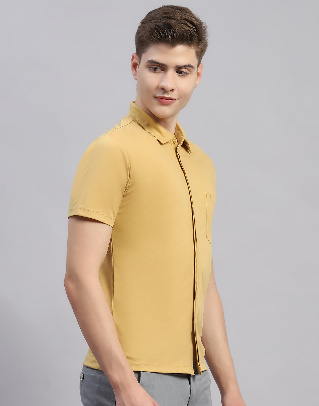 Men Mustard Solid Collar Half Sleeve Shirt