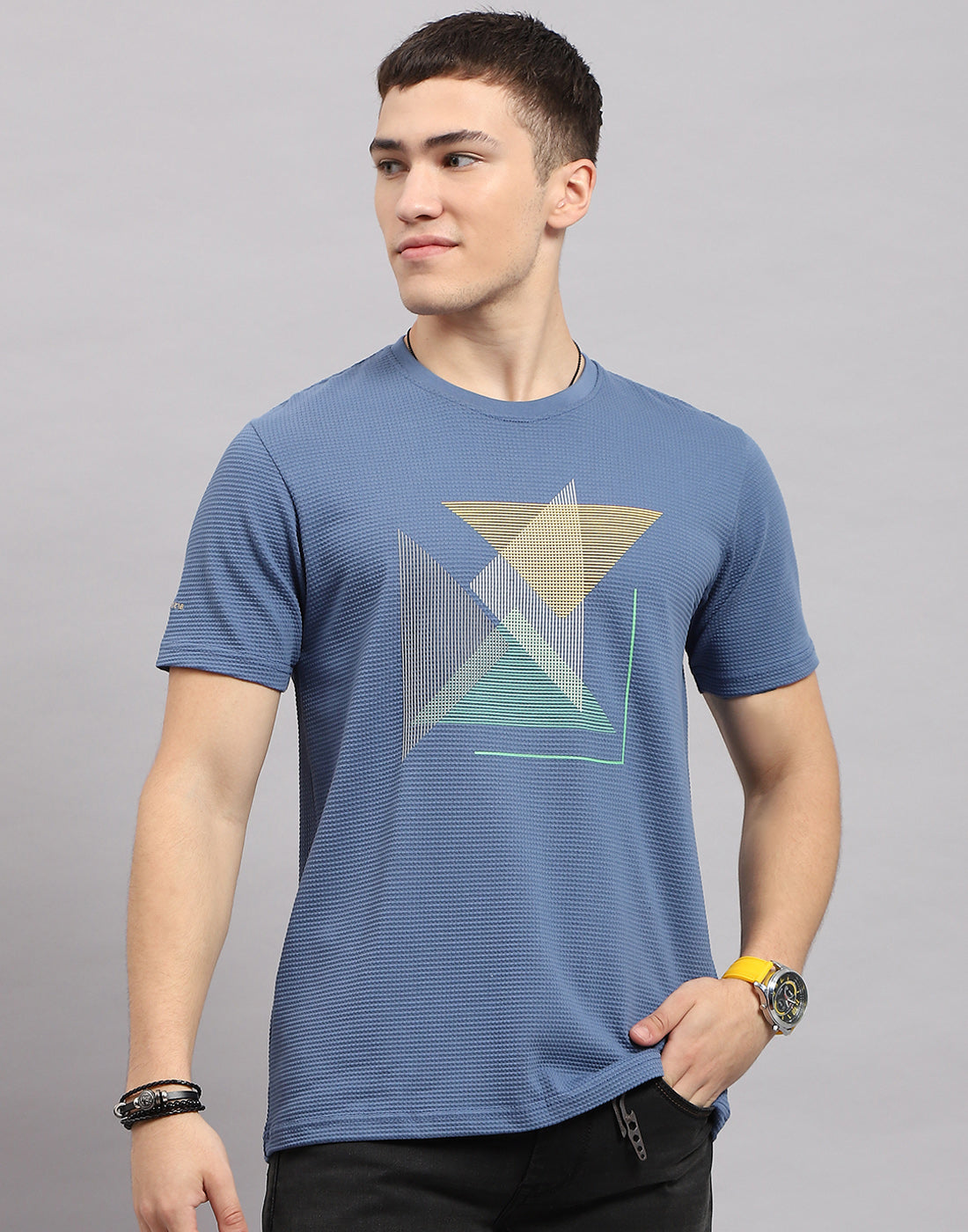 Men Blue Printed Round Neck Half Sleeve T-Shirt