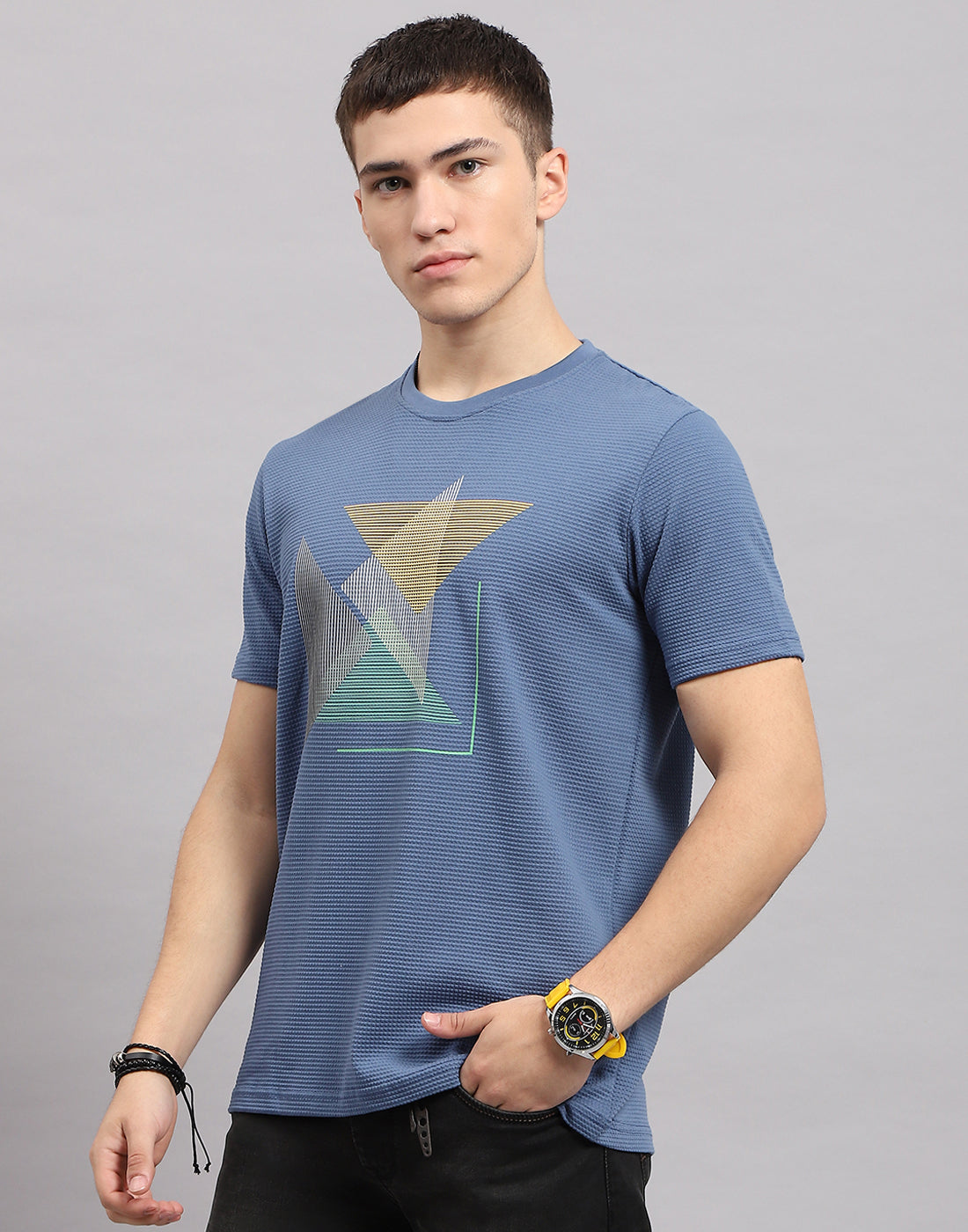 Men Blue Printed Round Neck Half Sleeve T-Shirt