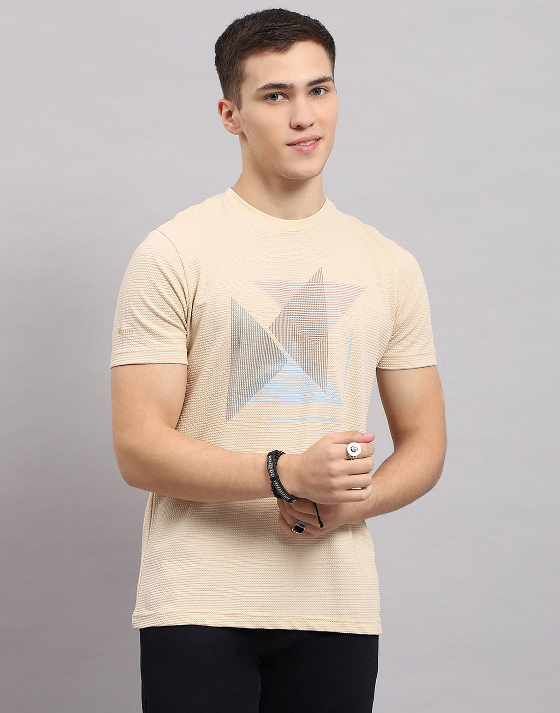 Men Beige Printed Round Neck Half Sleeve T-Shirt