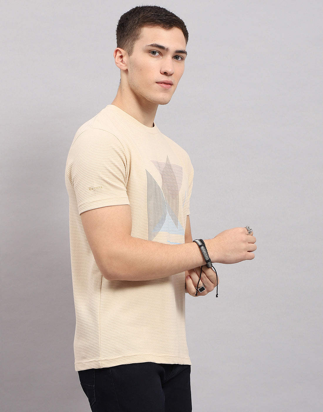 Men Beige Printed Round Neck Half Sleeve T-Shirt