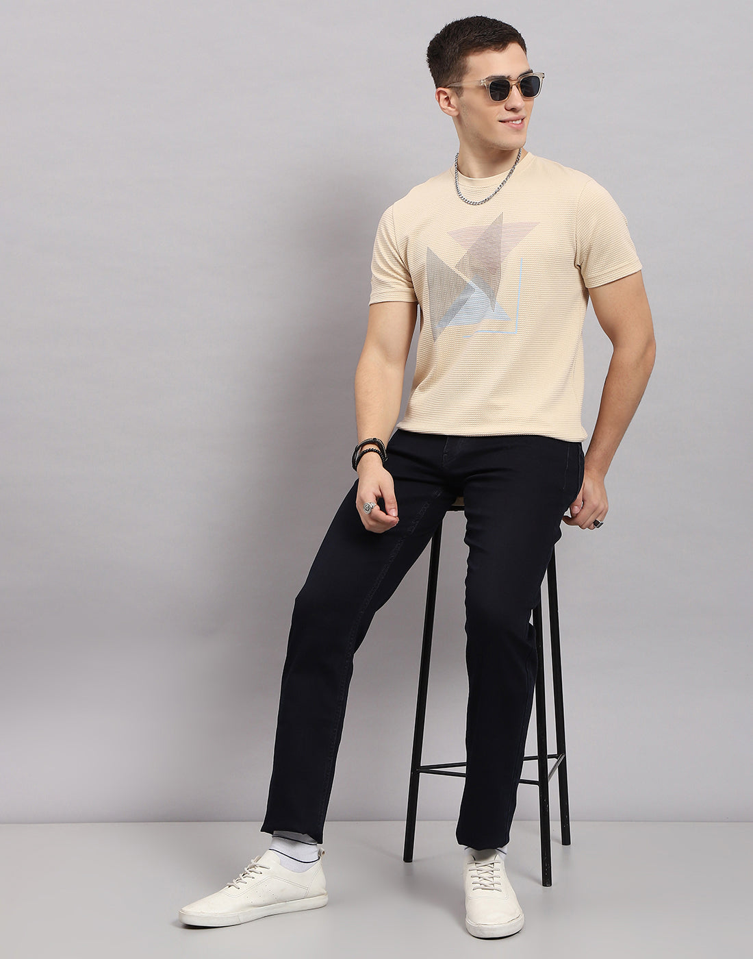 Men Beige Printed Round Neck Half Sleeve T-Shirt