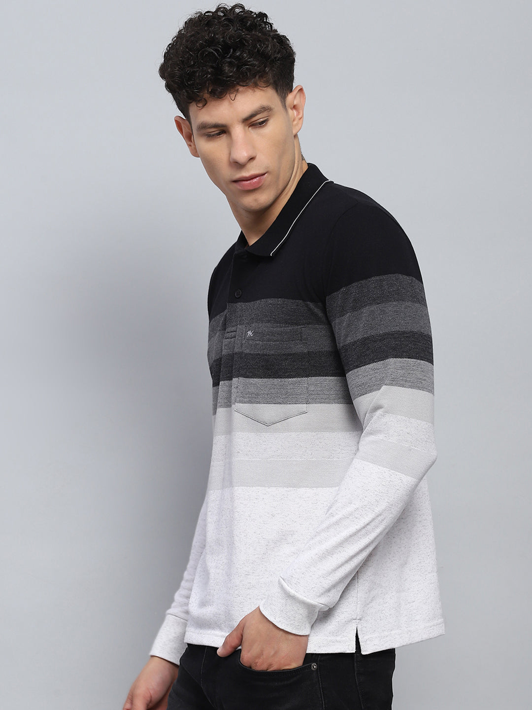 Men Black Stripe Collar Full Sleeve Winter T-Shirt