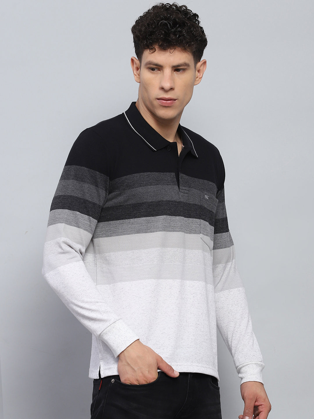 Men Black Stripe Collar Full Sleeve Winter T-Shirt