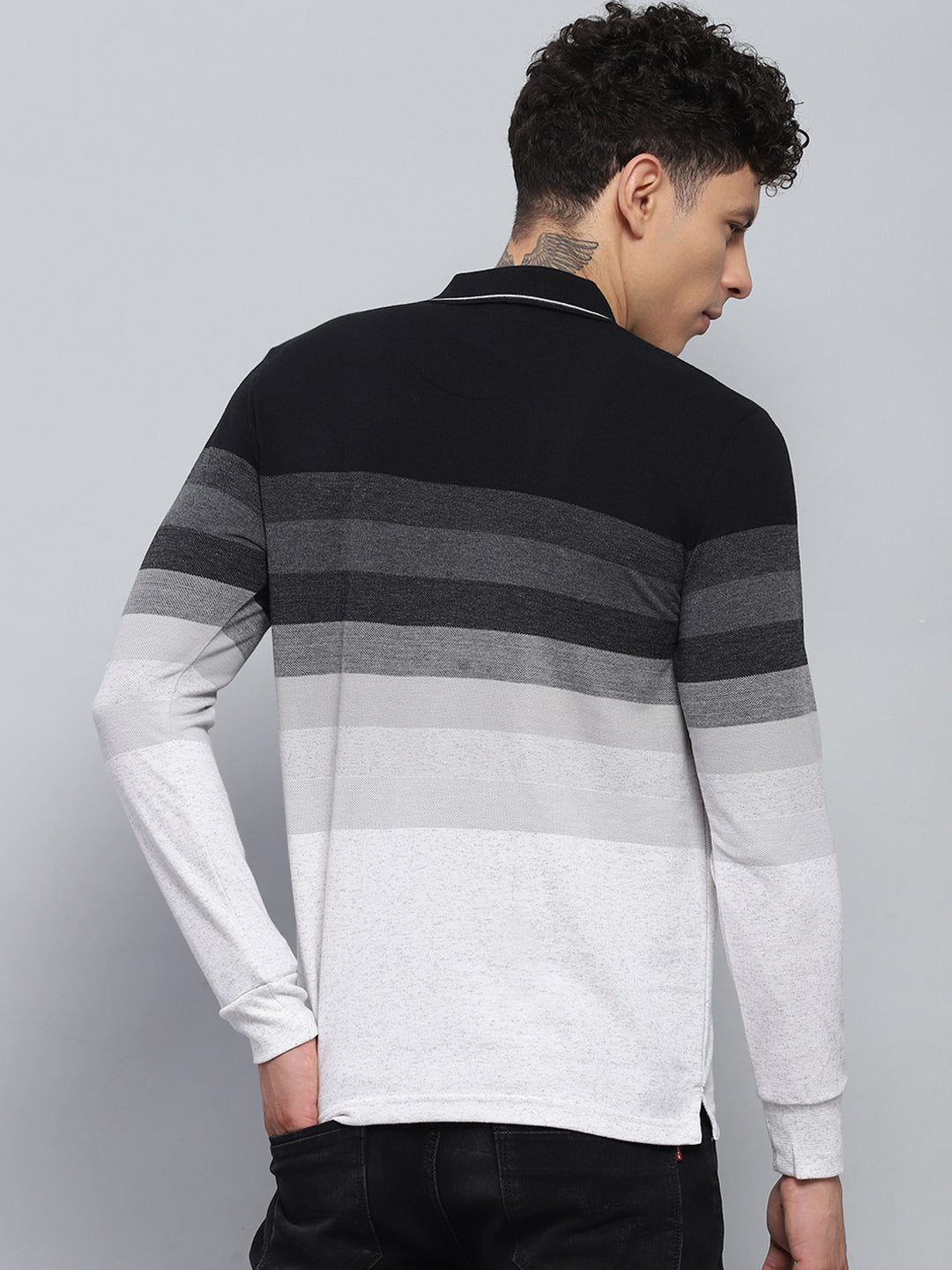 Men Black Stripe Collar Full Sleeve Winter T-Shirt