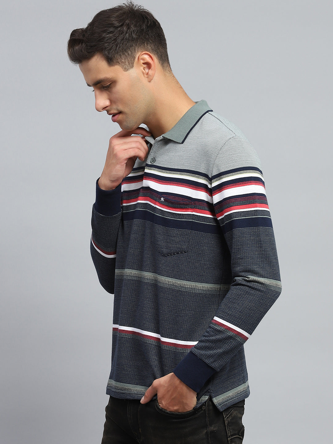 Men Green Stripe Collar Full Sleeve Winter T-Shirt