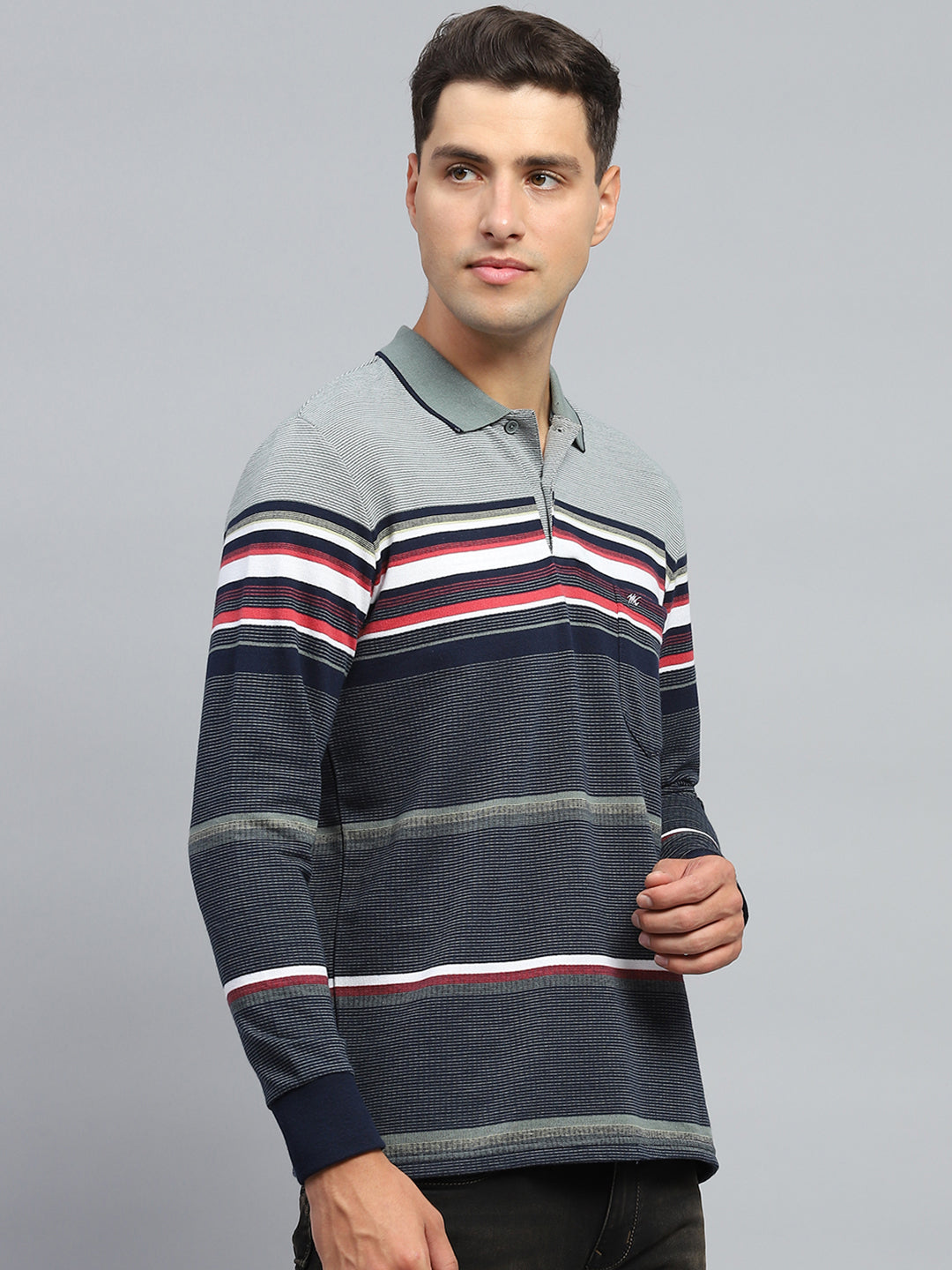 Men Green Stripe Collar Full Sleeve Winter T-Shirt