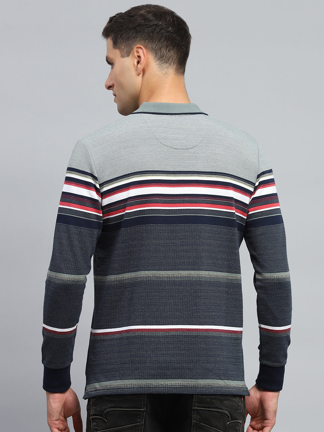 Men Green Stripe Collar Full Sleeve Winter T-Shirt