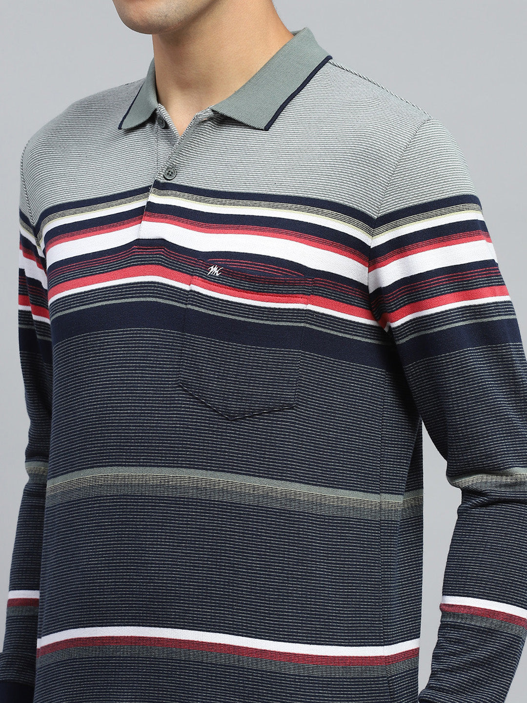 Men Green Stripe Collar Full Sleeve Winter T-Shirt