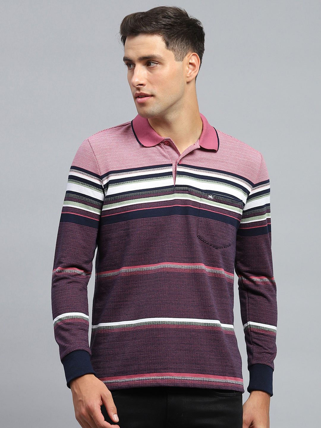 Men Maroon Stripe Collar Full Sleeve Winter T-Shirt