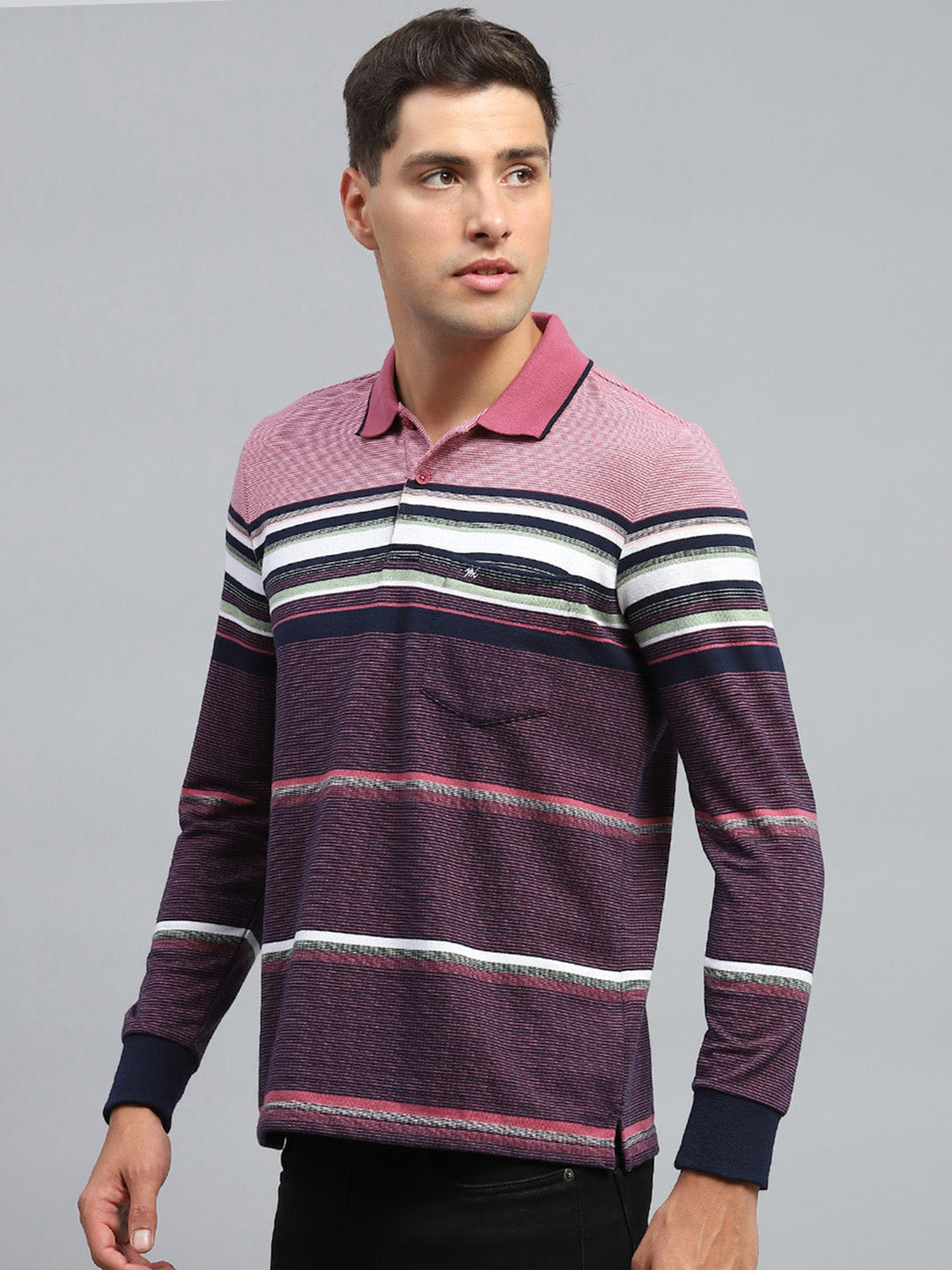 Men Maroon Stripe Collar Full Sleeve Winter T-Shirt