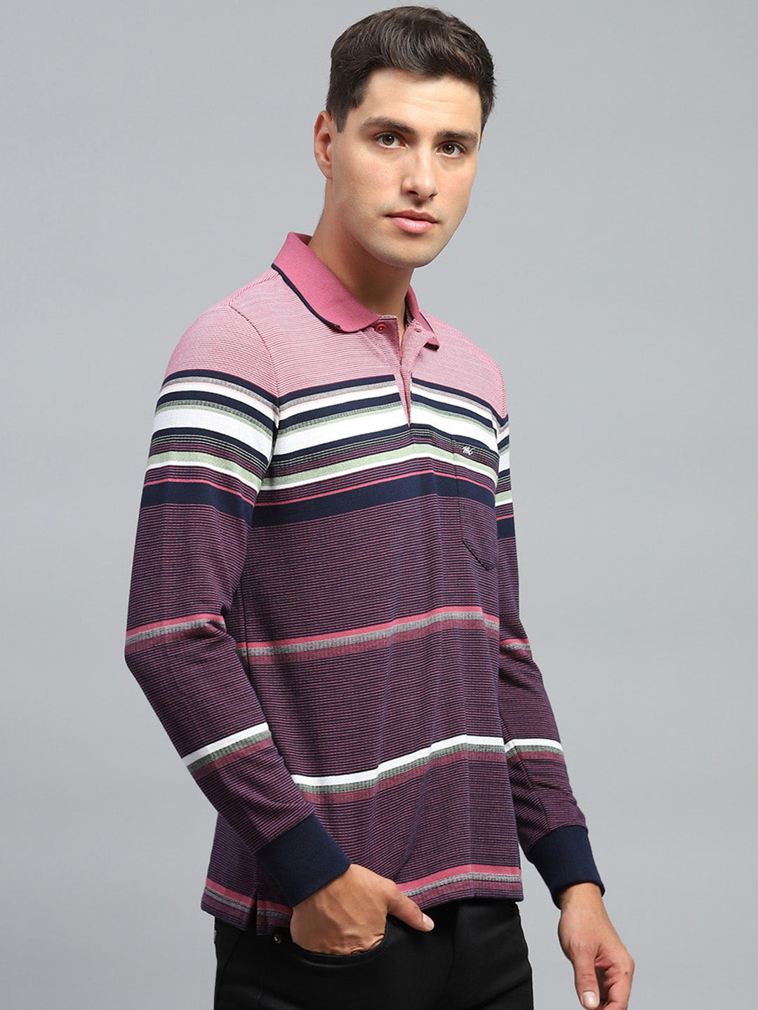 Men Maroon Stripe Collar Full Sleeve Winter T-Shirt