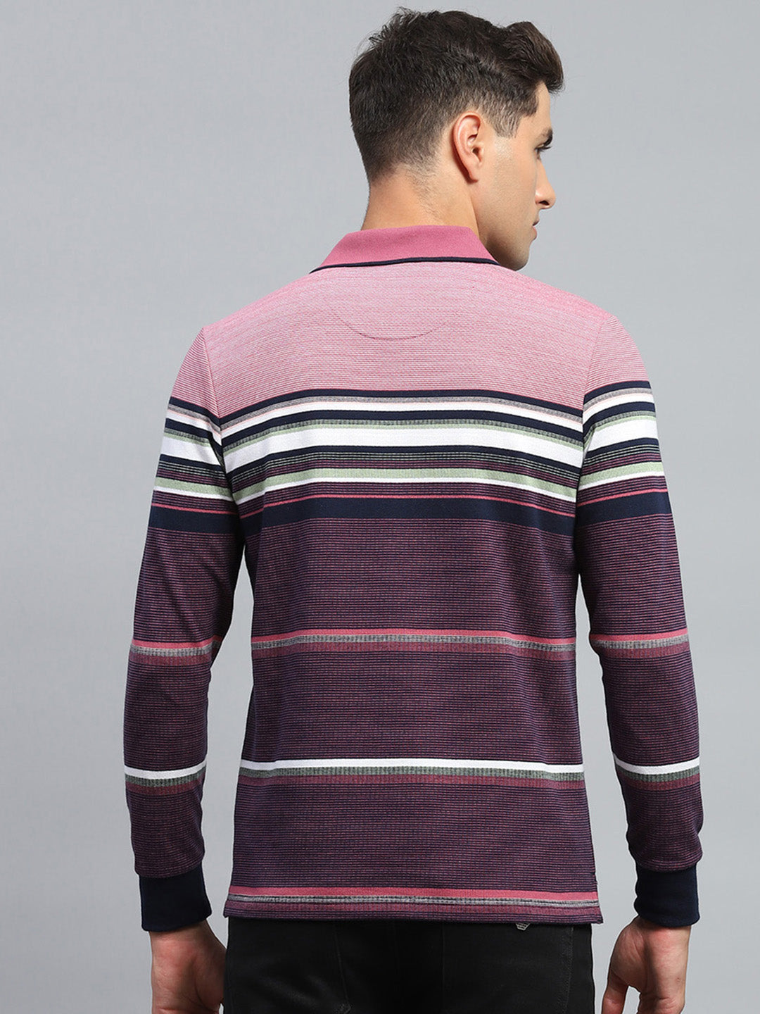 Men Maroon Stripe Collar Full Sleeve Winter T-Shirt