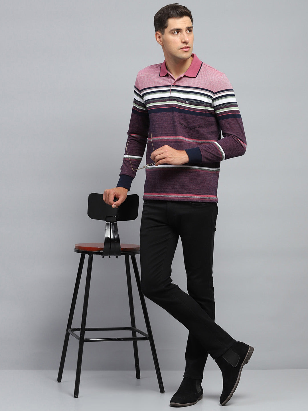 Men Maroon Stripe Collar Full Sleeve Winter T-Shirt