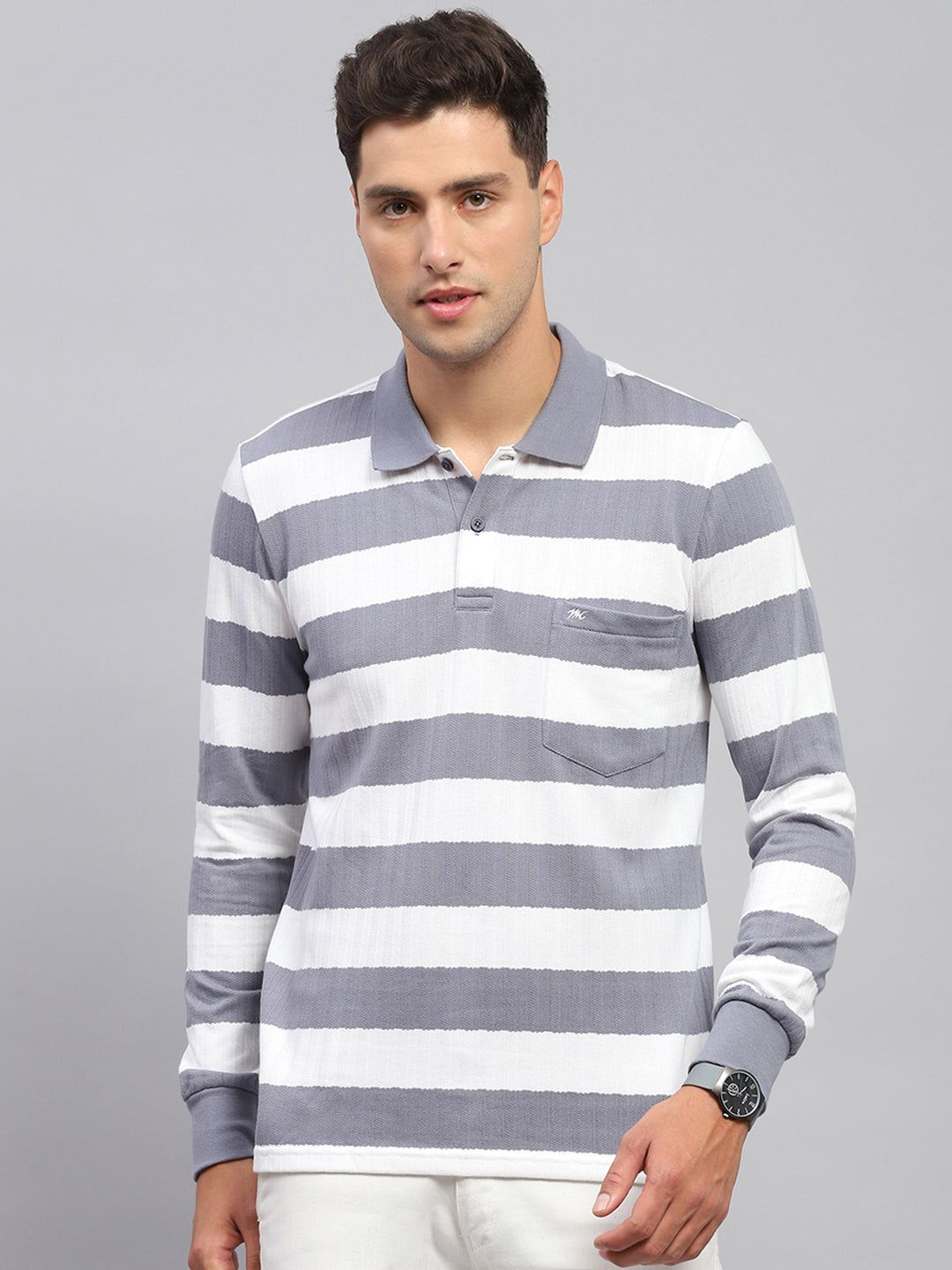 Men Grey & White Stripe Polo Collar Full Sleeve T-Shirt