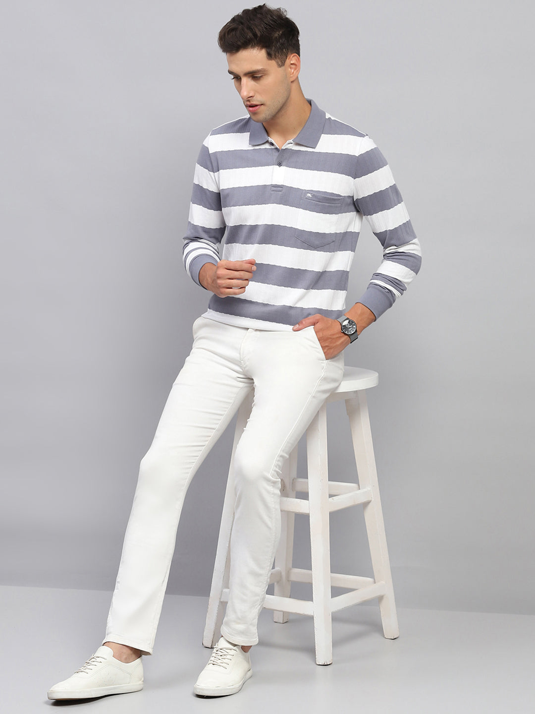 Men Grey & White Stripe Polo Collar Full Sleeve T-Shirt